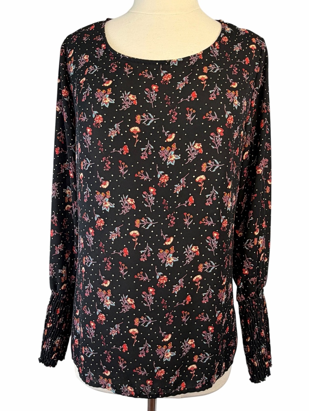 Anthropologie Pleione Top Flowy Scoop Neck Long Sleeve Floral Print Black - Picture 2 of 15